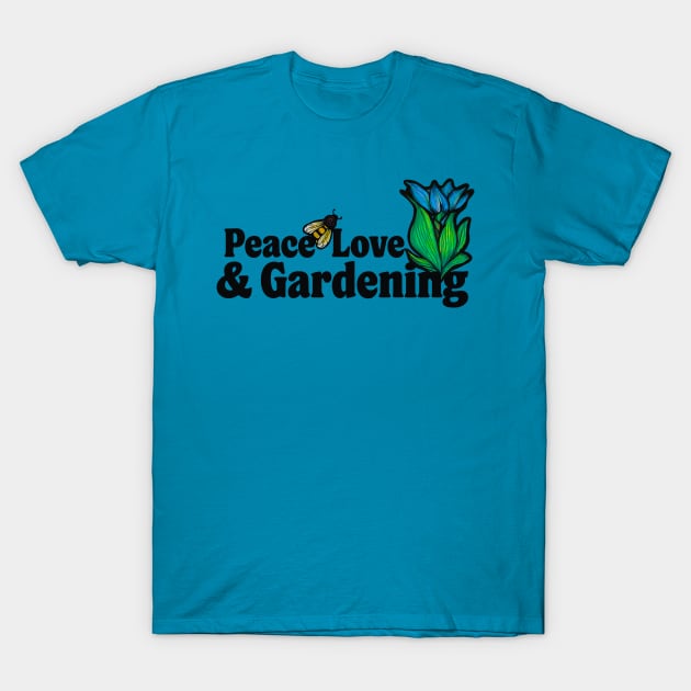 Peace Love & Gardening Flower Bee T-Shirt by bubbsnugg